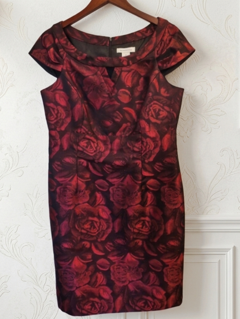 ​Beautiful Liz Claiborne Black & Red Rose Print Formal Cocktail Dress 14